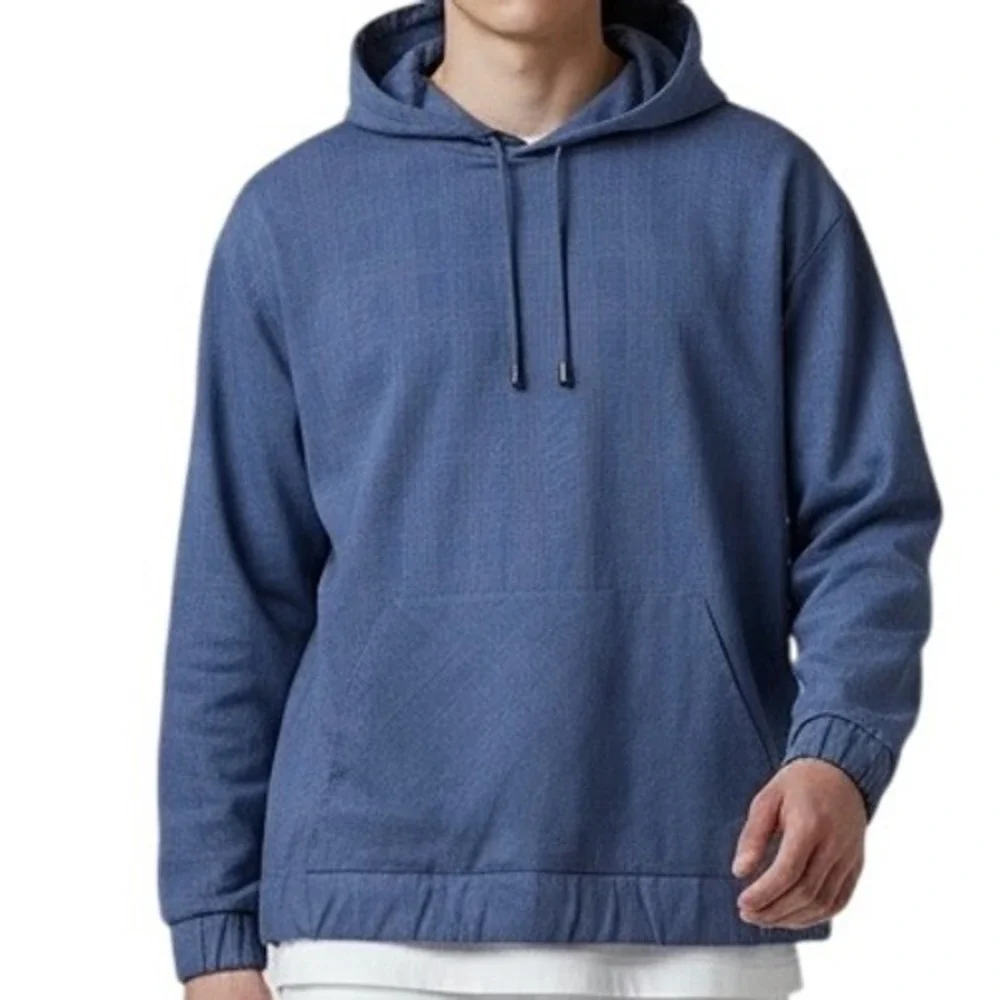 Banana Republic Men Small Blue Plaid Long Sleeve Pullover‎ Hoodie Pocket